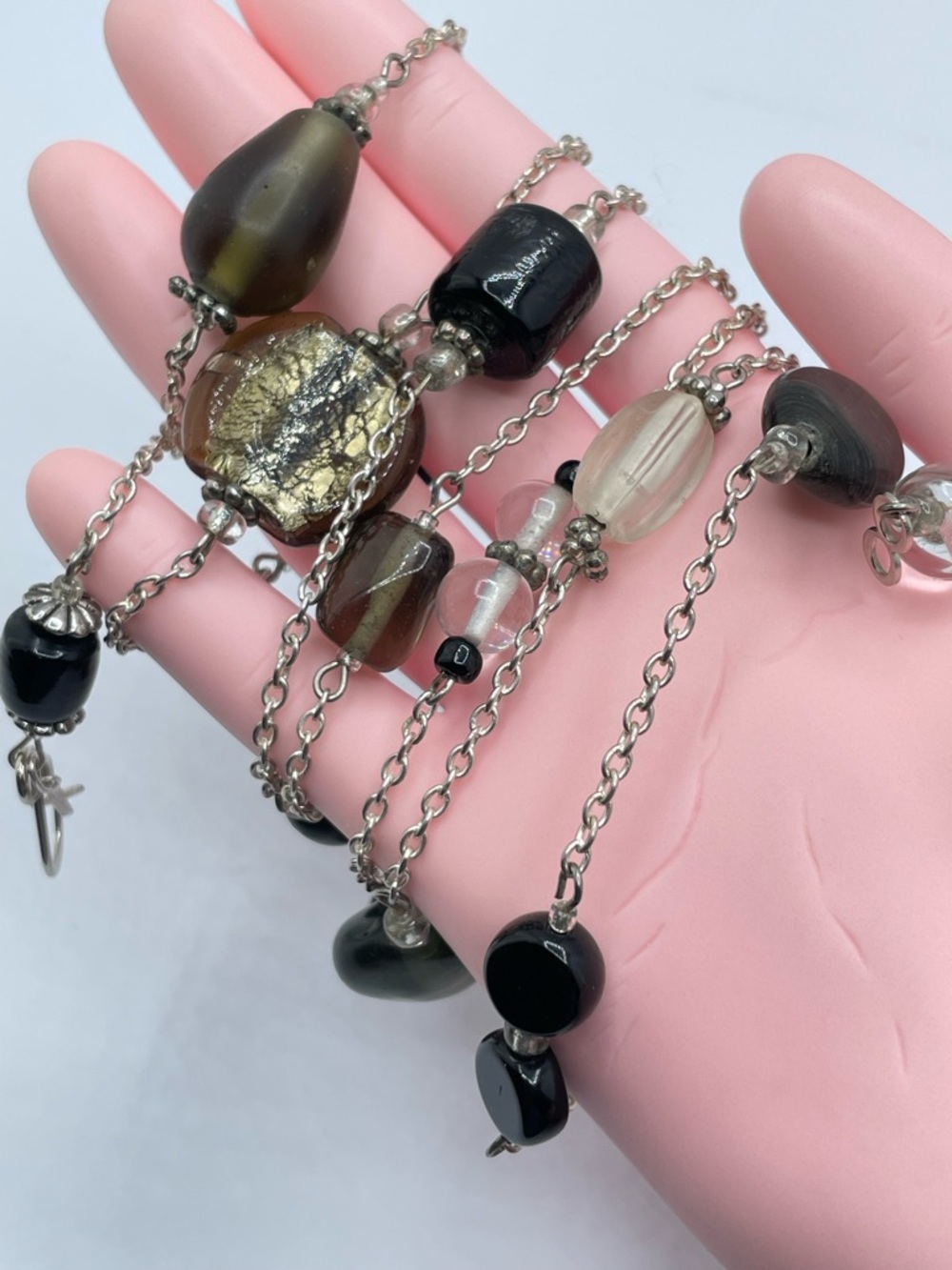 Vintage Silver Lamp Work Glass Beaded Long Necklace Layered Statement Chic